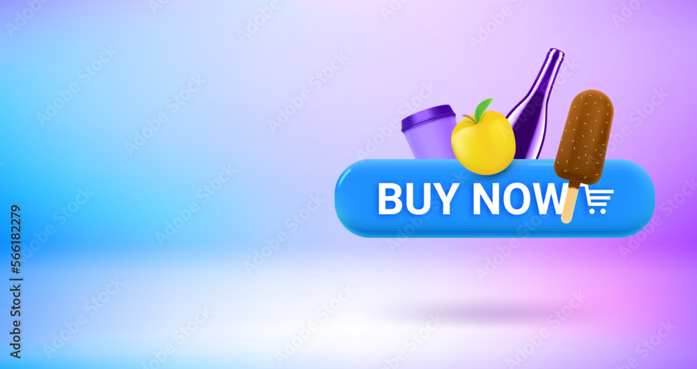 Aufkleber buy now button with meal. vector 3d banner with copy space