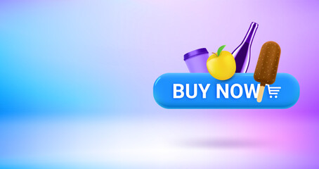 Buy now button with meal. Vector 3d banner with copy space
