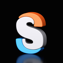 3d letter S plastic light blue and orange from alphabet isolated in a black background. Hi tech metallic font character design illustration, text minimal style, 3d rendering