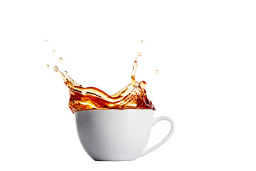 Close up image with falling cup of tea with splashes.