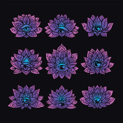 Set of ornamental  lotus flower patterns with third eye. Decoration in oriental, Indian style.