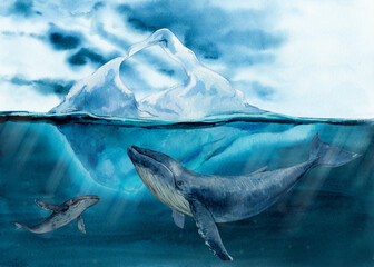 Humpback whale on the background of drifting ice in the ocean. Iceberg underwater view. Watercolor illustration. Arctic landscape. © Tata Pilip