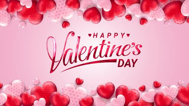 Happy valentines day greeting animation text, lettering with love ornament in pink background, for banner, social media feed wallpaper stories