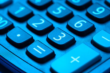 Calculator keyboard. Business and finances, debit and credit calculating. Macro photography.
