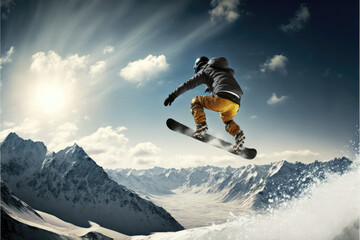 Naklejka na ściany i meble snowboarder jumping in the air generate by AI