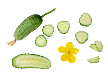 Cucumber and slices isolated on white background, top view