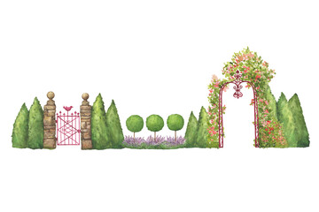 Red metal gate with a bird between stone pillars. Ancient garden arch trellis, overgrown with climbing rose flowers. Hand drawn watercolor painting illustration isolated on white background. - 566183648