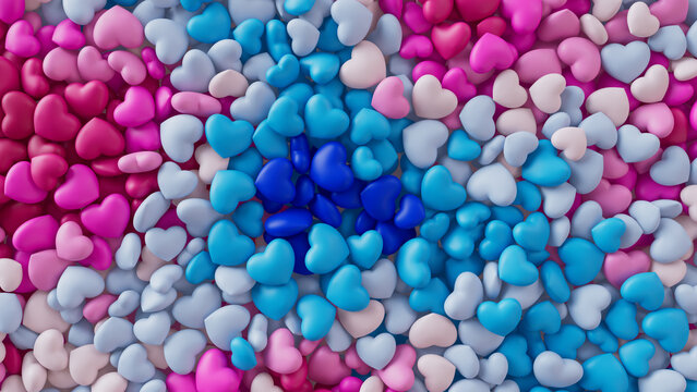 Multicolored Heart background. Valentine Wallpaper with Pink, White and Blue love hearts. 3D Render 