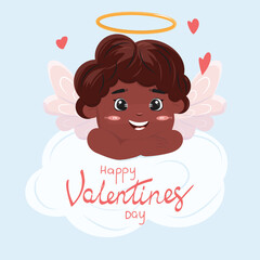 Illustration of the cute black girl cupid on the cloud. Happy Valentines Day banner.