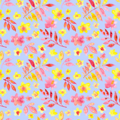 Seamless pattern of watercolor pink and yellow flowers and leaves. Hand drawn illustration. Botanical hand painted floral elements on Holo Lilac background.