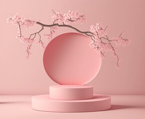 Pink Podium Display Sakura Pink Flower Background. Cosmetic or Beauty Product Promotion Step Floral Pedestal Generative Ai
