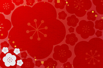 赤の和紙に梅の和柄デザイン　テクスチャ素材