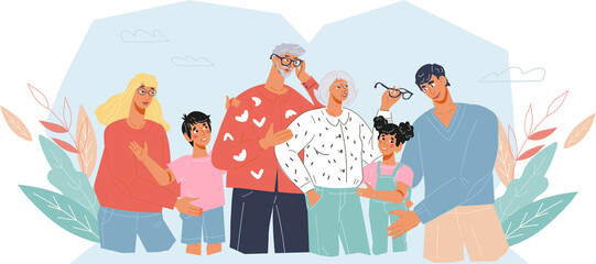 Parents, grandparents and children together at decorative background. Illustration for family help, healthcare and support topic.