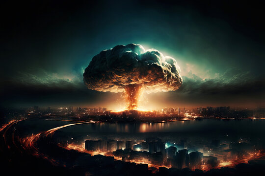 Mushroom cloud in night sky over city after atomic bomb detonation during nuclear war. Generative AI.