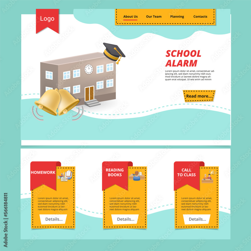 Poster school alarm flat landing page website template. homework, reading books, call to class. web banner 