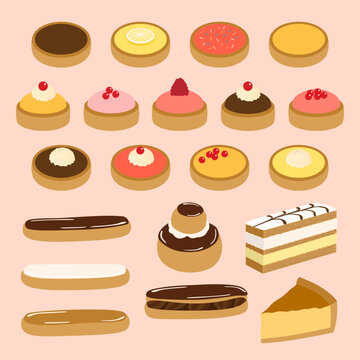 Collection de p&acirc;tisseries sucr&eacute;s : des tartelettes, des &eacute;clairs au chocolat, caf&eacute; et vanille, mille-feuilles, religieuse au chocolat et flan