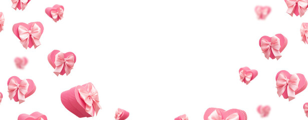 Banner with flying pink heart shaped gift boxes isolated on transparent background. Valentine's day banner background png