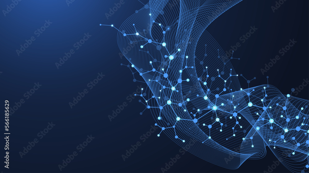 Poster molecular structure background. science template wallpaper or banner with a dna molecules. asbtract 