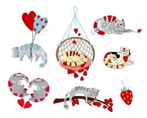 Set of cats in doodle style with hearts