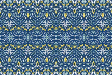 Ethnic Blue Yellow Damask Seamless Pattern.  Design for fabric, curtain, background, carpet, wallpaper, clothing, wrapping, Batik, and fabric.  Illustration pattern style.