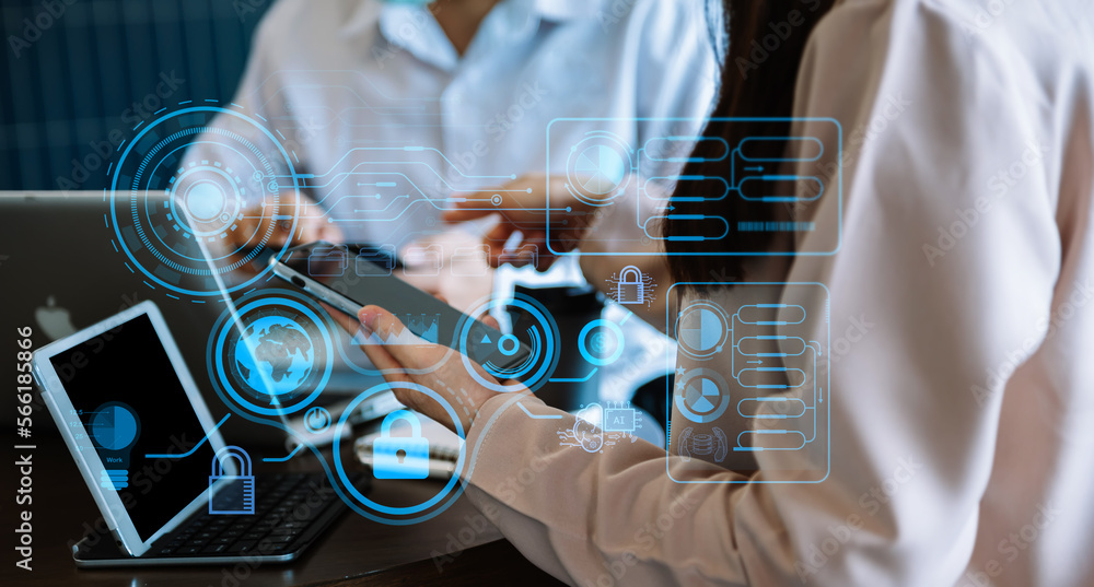 Poster cyber security and data protection information privacy internet technology concept.business working 