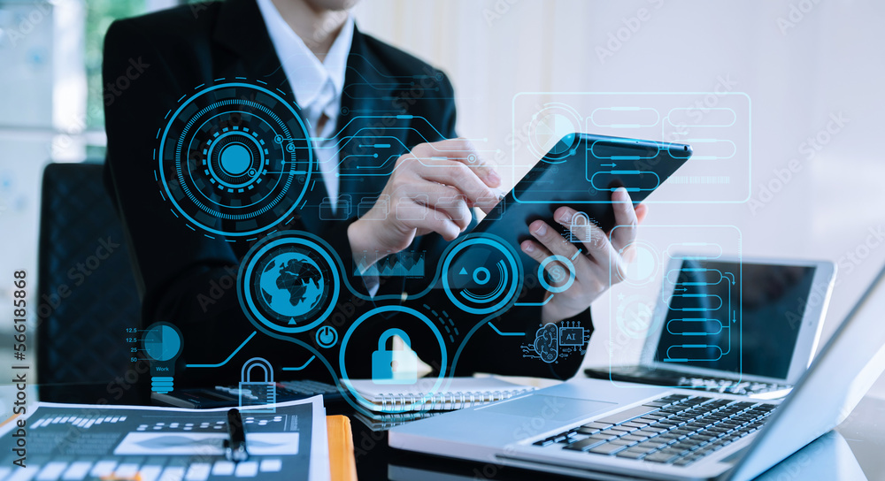 Poster cyber security data protection business working on compute intelligenc digital tablet global network