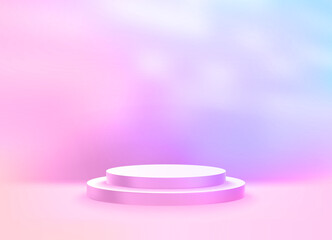 Сircle podium on vivid illuminated room. Realistic 3d style vector illustration 