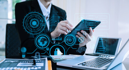 Cyber security data protection Business working on compute Intelligenc digital tablet global network connection data science digital marketing, Investment global in office.