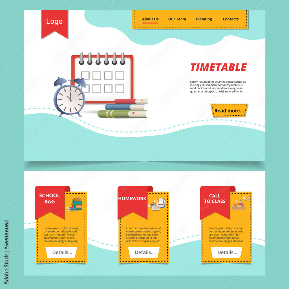 Poster timetable flat landing page website template. school bag, homework, call to class. web banner with h