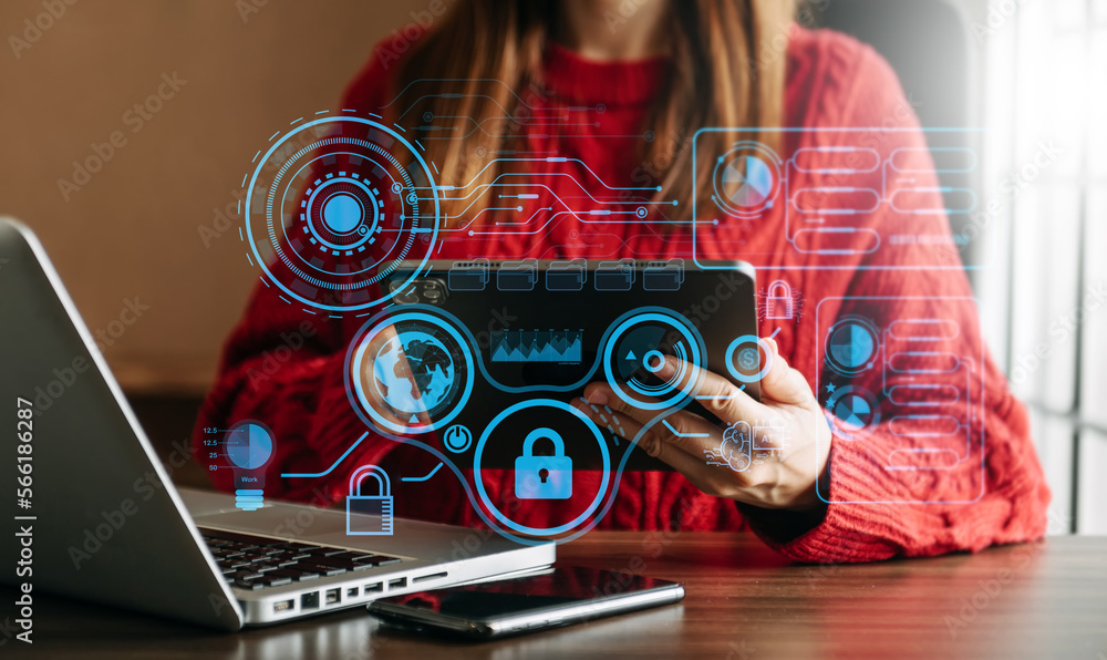 Poster cyber security and data protection information privacy internet technology concept.business working 