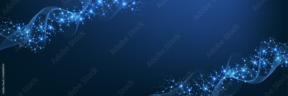 Poster Molecular structure background. Science template wallpaper or banner with a DNA molecules. Asbtract molecule background with hexagons, wave flow, illustration.