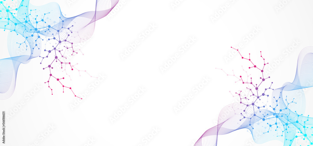 Aufkleber Molecular structure background. Science template wallpaper or banner with a DNA molecules. Asbtract molecule background with hexagons, wave flow, illustration.