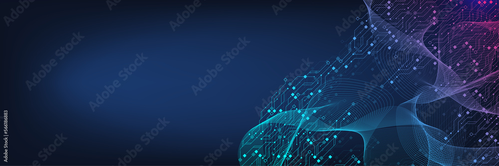Poster Quantum computer technologies concept. Futuristic blue circuit board background. Modern technology circuit board texture background design. Waves flow. Quantum explosion technology, illustration
