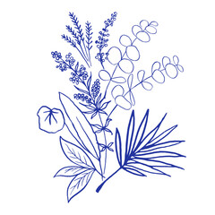 Bouquet of beautiful herbs, eucalyptus and fern branches.