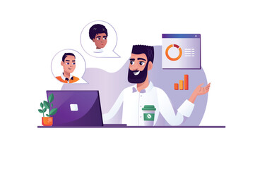 Purple concept Business video conference with people scene in the flat cartoon design. Manager discusses important issues with his employees via video conference. Vector illustration.