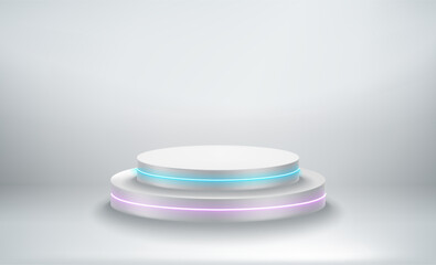 Bright room with podium and neon light. Realistic showcase. 3d style vector illustration 