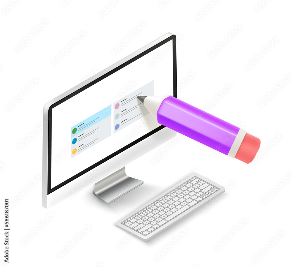 Poster computer and crayon. isometric vector illustration with pc