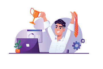 Purple concept Business success with people scene in the flat cartoon design. Businessman is happy for the successful development and awards of his company. Vector illustration.