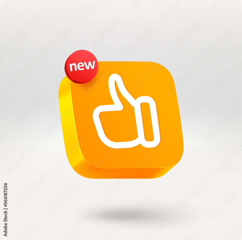 Poster Thumbs up icon with NEW label. Mobile application icon. 3d vector icon isolated on white background