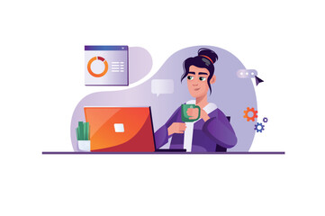 Freelancer purple concept with people scene in the flat cartoon style. Girl with a cup of coffee works on a laptop at home. Vector illustration.