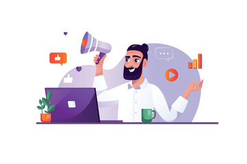 Marketing purple concept with people scene in the flat cartoon style. Marketer promotes and popularizes the product on the Internet. Vector illustration.
