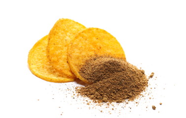 Chips tikka masala flavor, pile spicy taste isolated on white  