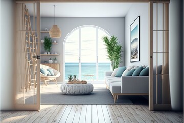 Bohemian-style luxury suit interior with an ocean view, panoramic glass oval window 