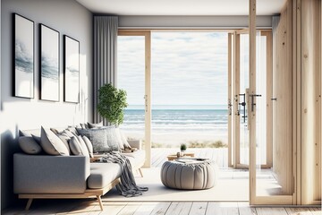 Modern and bohemian style hotel room interior in a holiday resort by the ocean 