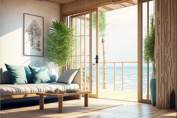 Happy beautiful vacation suit interior by the ocean with ocean view 