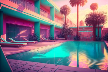 Cyberpunk style holiday resort in California with palm trees and neon lights 
