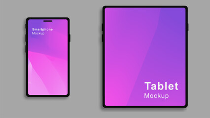 Smartphone tablet mockup with gradient touch screen on grey background. Realistic tablet device mockup.