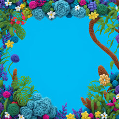 Obraz na płótnie Canvas Tropical floral square frame with empty copy space for text. summer flowers and leaf decoration isolated on blue background. Simple and colorful card template. Generative AI.