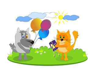The best friends- ginger cat and gray dog celebrate their birthday