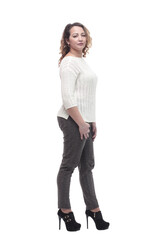 attractive young woman in a white jumper.